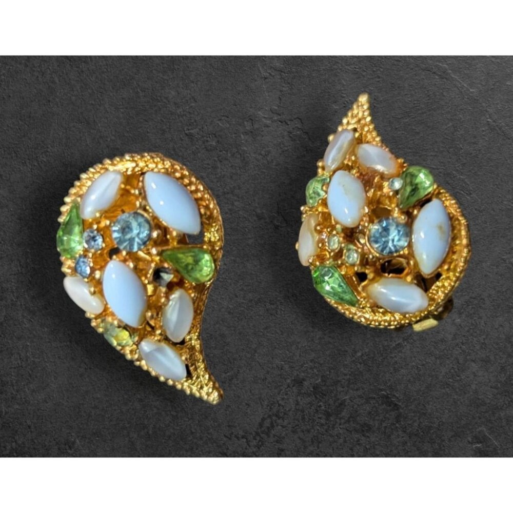 Vintage Gold-Tone Clip-On Earrings W/ White Opalescent & Green‎ Rhinestones Tear